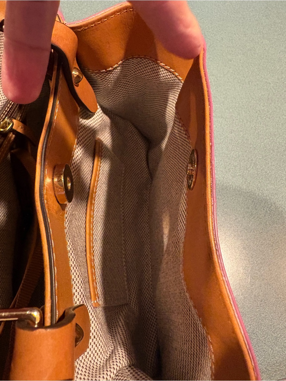 Dooney & Bourke Hot Pink Patent Satchel with Tan Trim - Picture 11 of 13